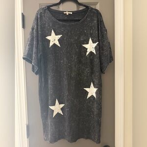 Black Mineral Wash Star Print Tee Dress